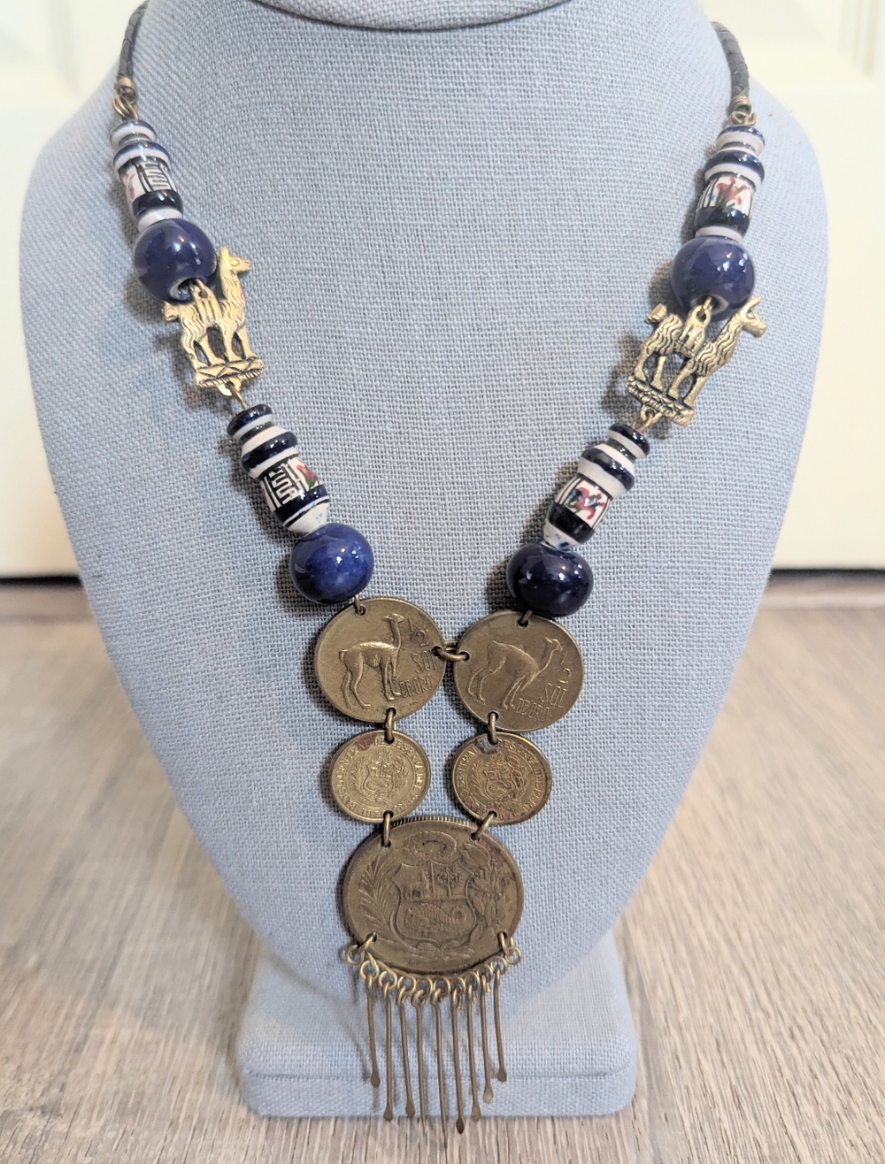 Vintage Peruvian Coin Alpaca Ceramic Bead Handmade Necklace
